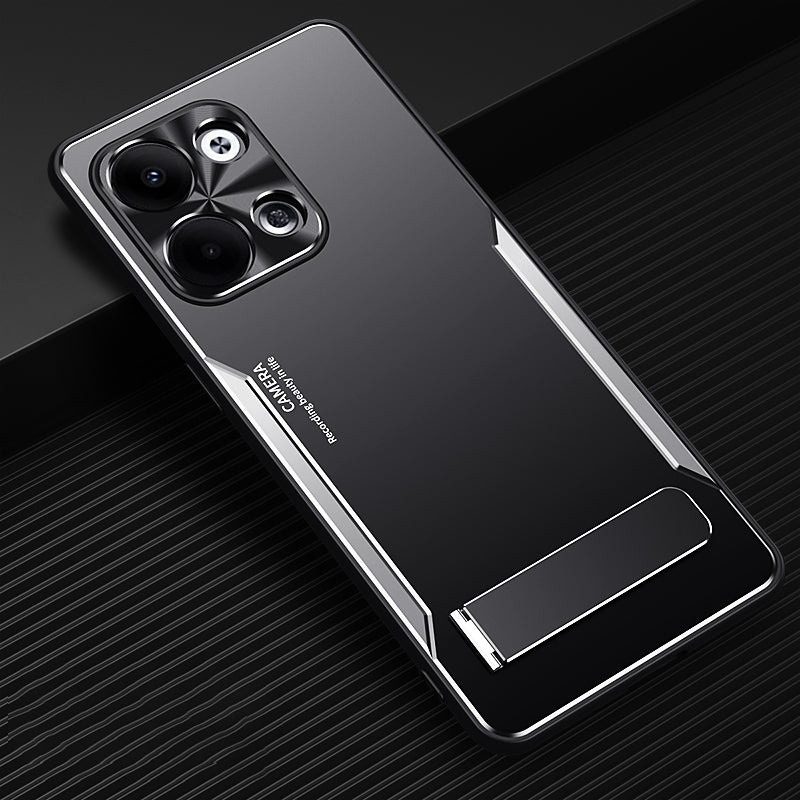 Uniqkart for Oppo Reno9 5G Aluminium Alloy+TPU Cell Phone Cover Anti-Scratch Kickstand Phone Case - Silver