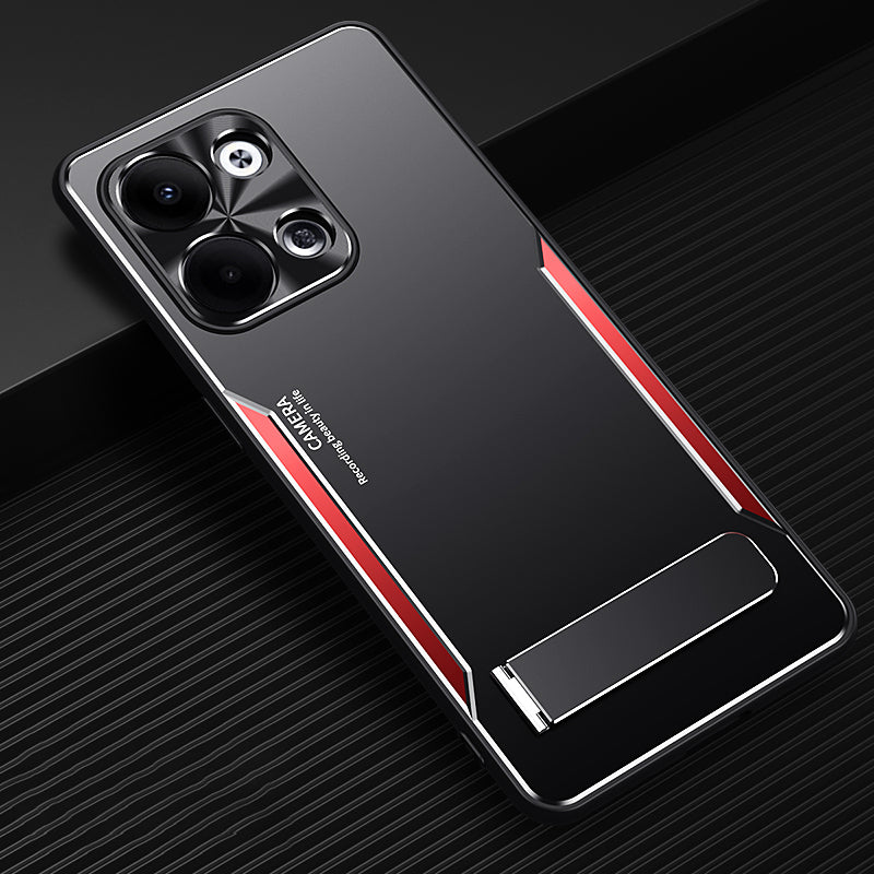 Uniqkart for Oppo Reno9 5G Aluminium Alloy+TPU Cell Phone Cover Anti-Scratch Kickstand Phone Case - Red
