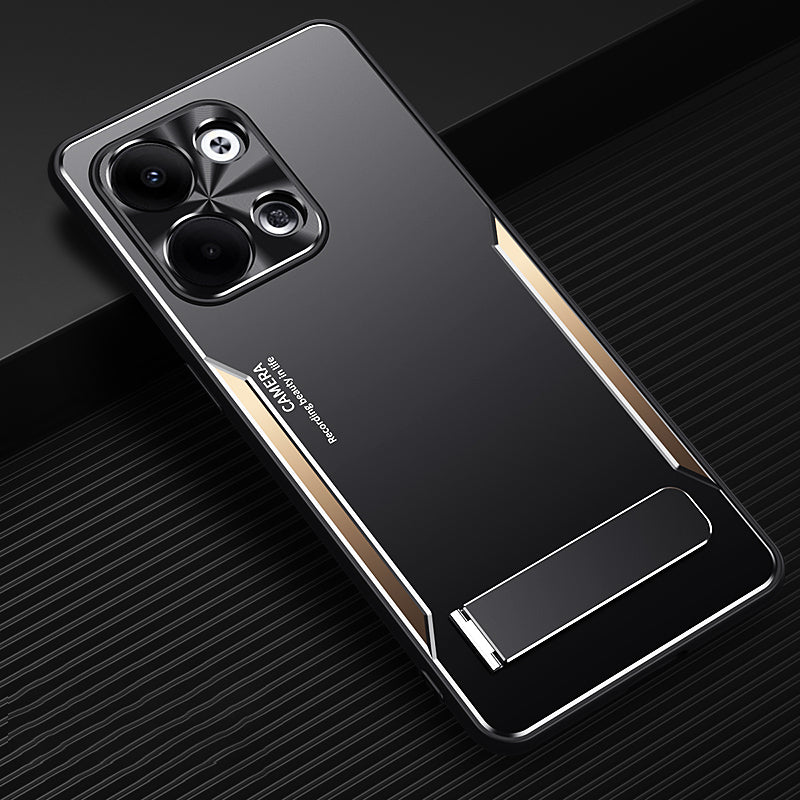 Uniqkart for Oppo Reno9 5G Aluminium Alloy+TPU Cell Phone Cover Anti-Scratch Kickstand Phone Case - Gold