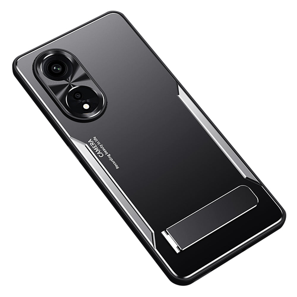 Uniqkart for Oppo A1 Pro 5G / Reno8 T 5G / A98 5G Shockproof Phone Case TPU+Aluminium Alloy Smartphone Cover with Kickstand - Silver