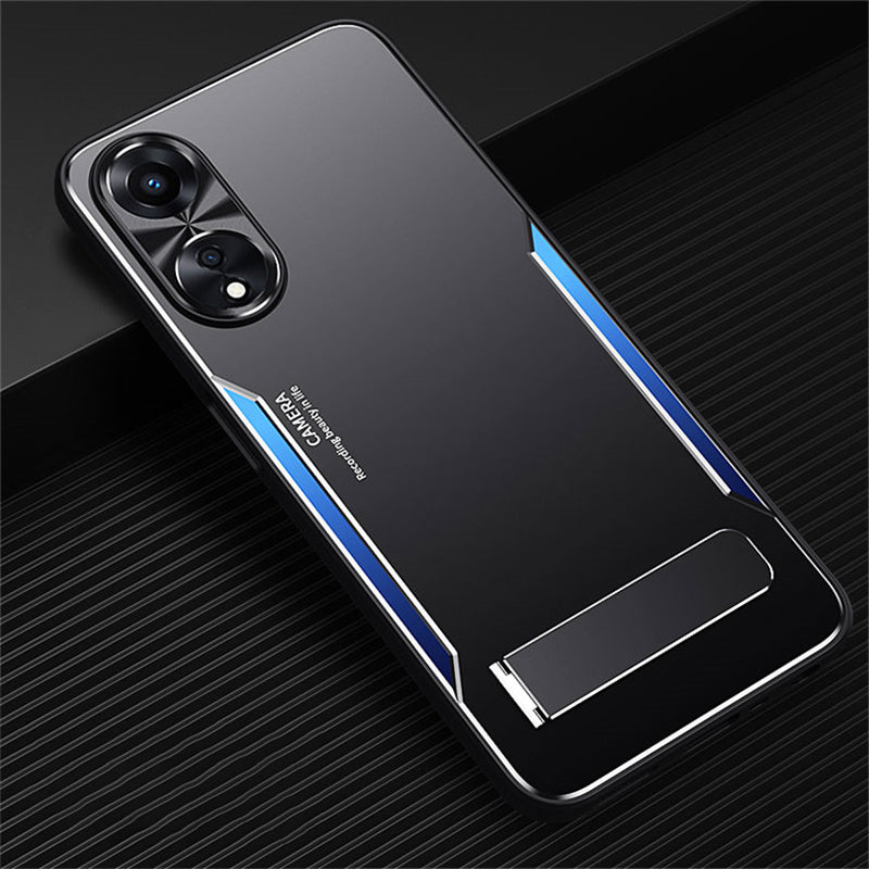 Uniqkart for Oppo A58 5G Kickstand Phone Case Aluminum Alloy Soft TPU Lens Protection Cover - Blue