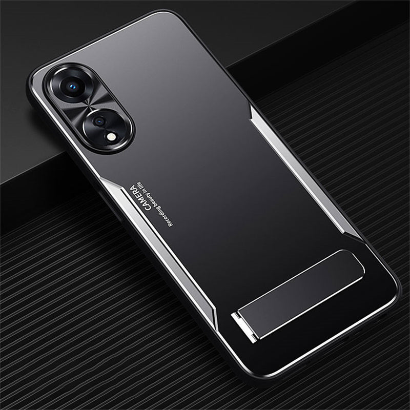 Uniqkart for Oppo A58 5G Kickstand Phone Case Aluminum Alloy Soft TPU Lens Protection Cover - Silver