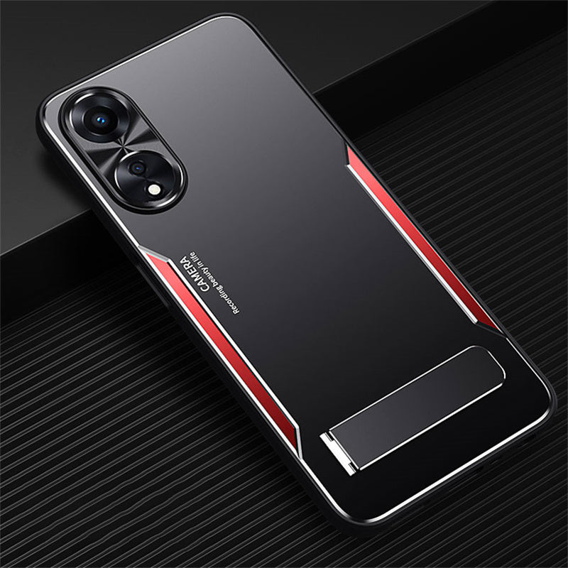 Uniqkart for Oppo A58 5G Kickstand Phone Case Aluminum Alloy Soft TPU Lens Protection Cover - Red