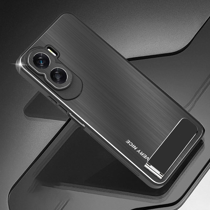 Uniqkart for Honor X50i Kickstand Phone Case TPU+Aluminium Alloy Brushed Anti-scratch Cover - Black