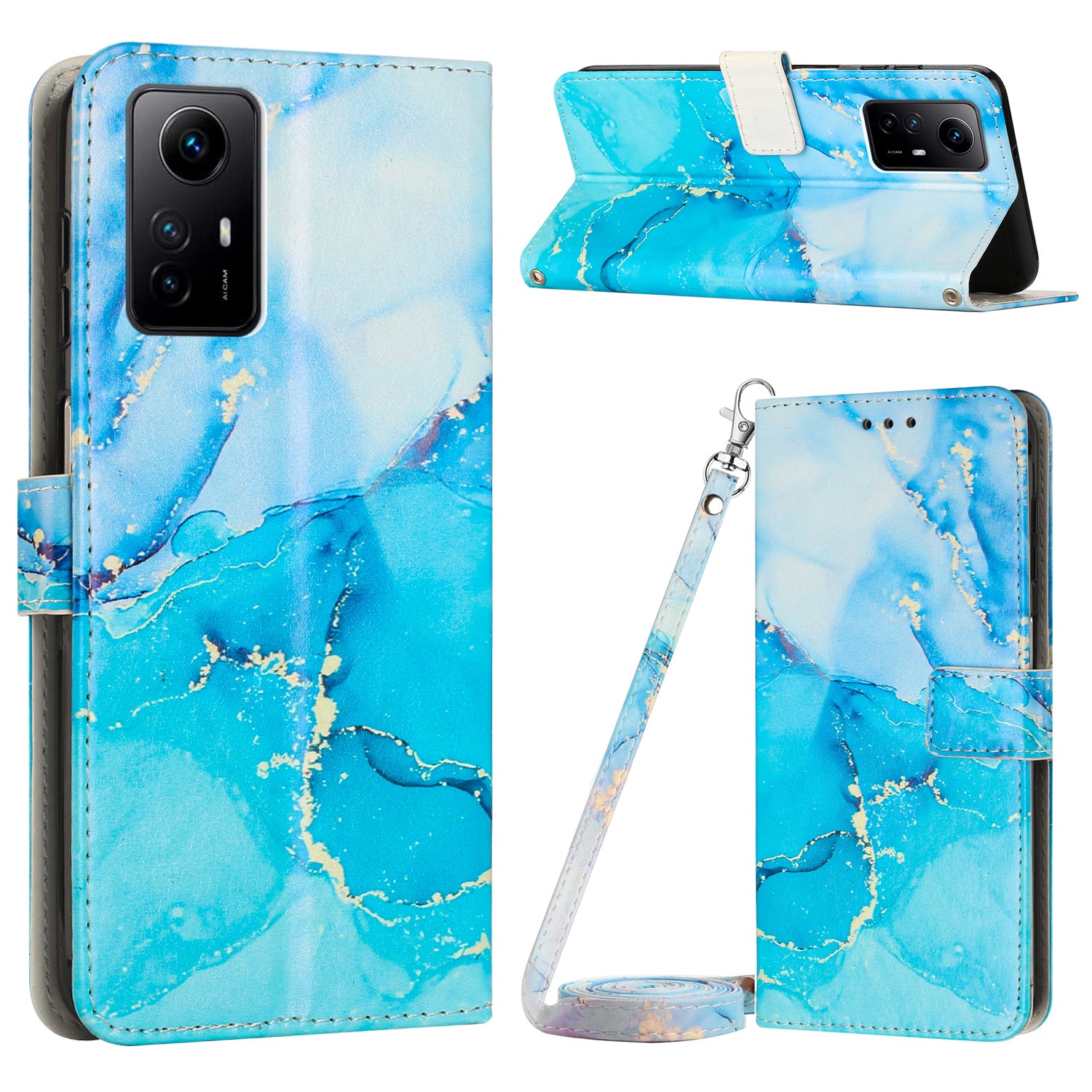 Wallet Phone Case for Xiaomi Redmi Note 12S 4G PU Leather Marble Pattern Flip Stand Cover with Shoulder Strap - Blue / Green