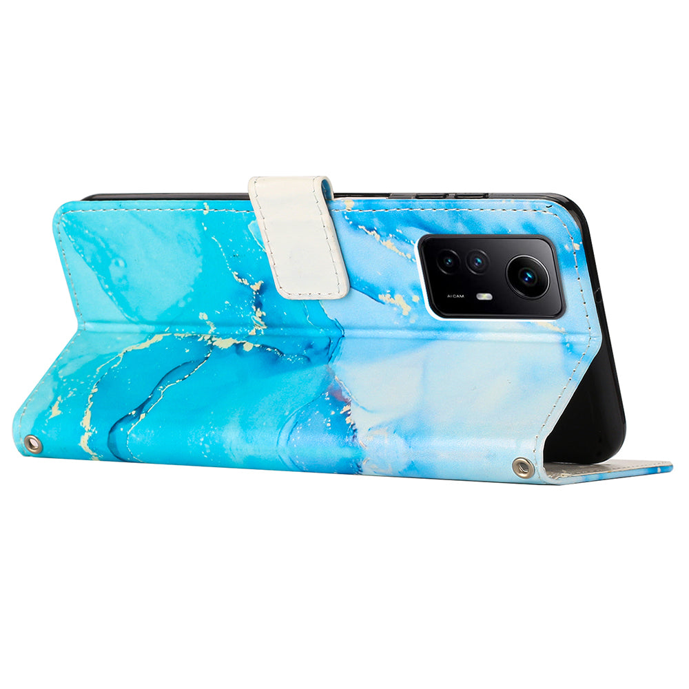 Wallet Phone Case for Xiaomi Redmi Note 12S 4G PU Leather Marble Pattern Flip Stand Cover with Shoulder Strap - Blue / Green