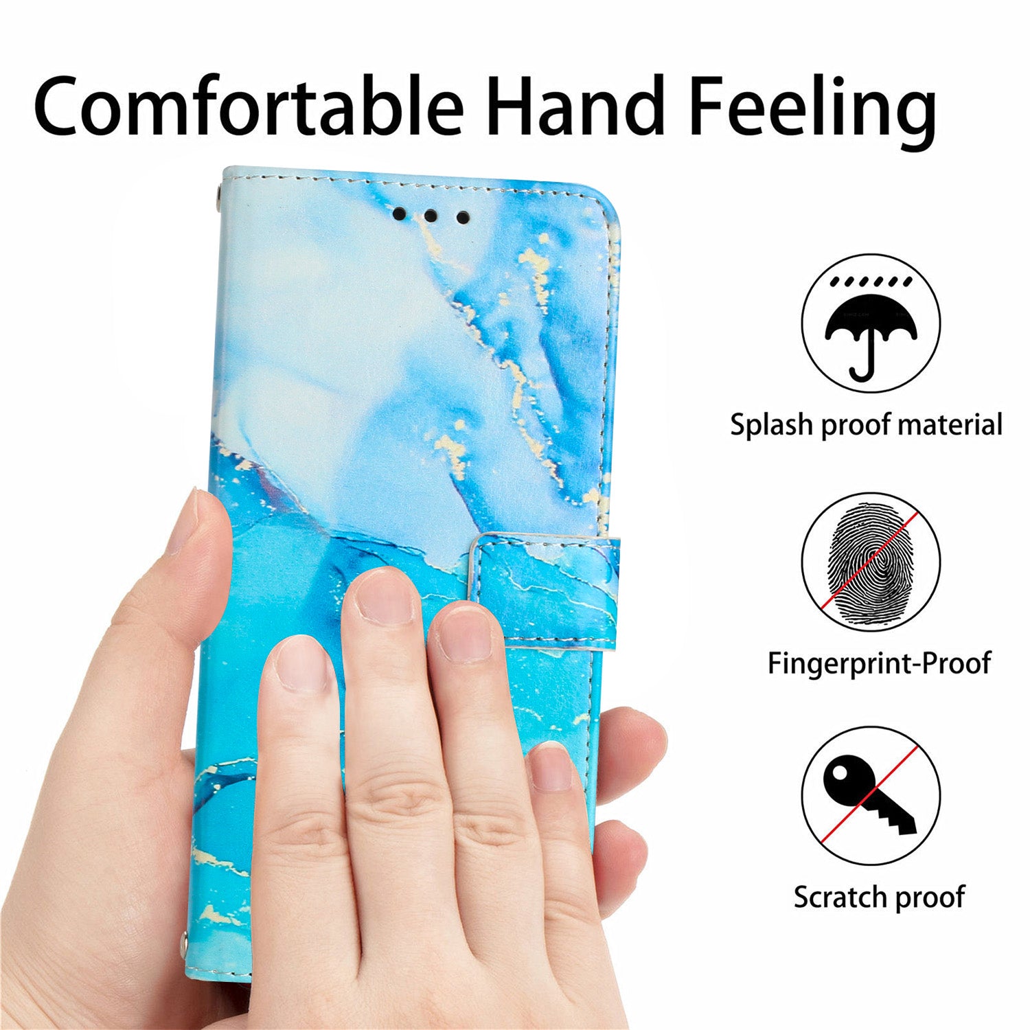 Wallet Phone Case for Xiaomi Redmi Note 12S 4G PU Leather Marble Pattern Flip Stand Cover with Shoulder Strap - Blue / Green