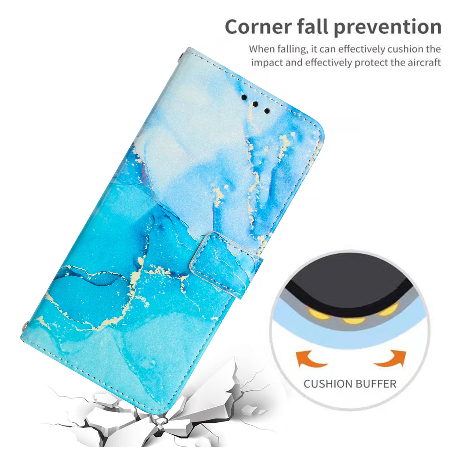 Wallet Phone Case for Xiaomi Redmi Note 12S 4G PU Leather Marble Pattern Flip Stand Cover with Shoulder Strap - Blue / Green