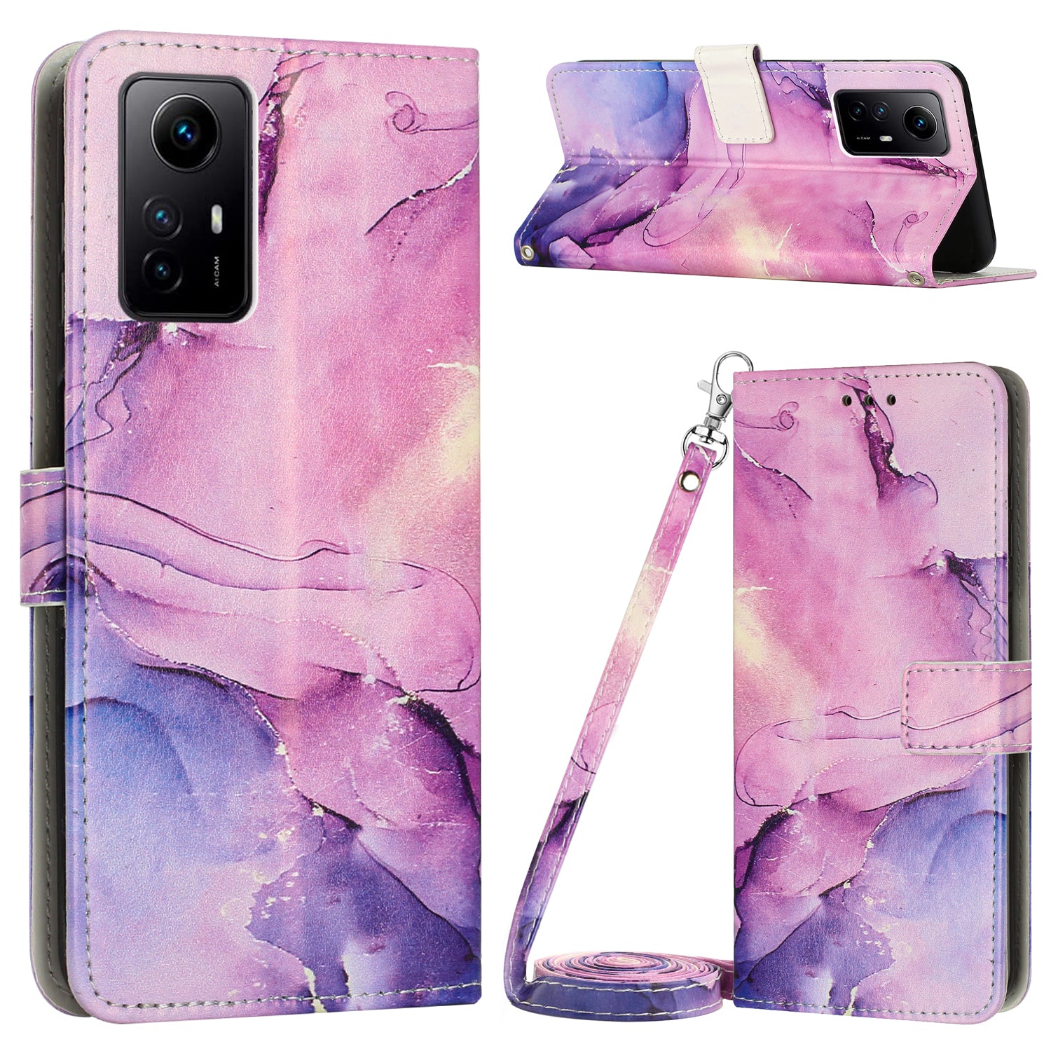 Wallet Phone Case for Xiaomi Redmi Note 12S 4G PU Leather Marble Pattern Flip Stand Cover with Shoulder Strap - Purple