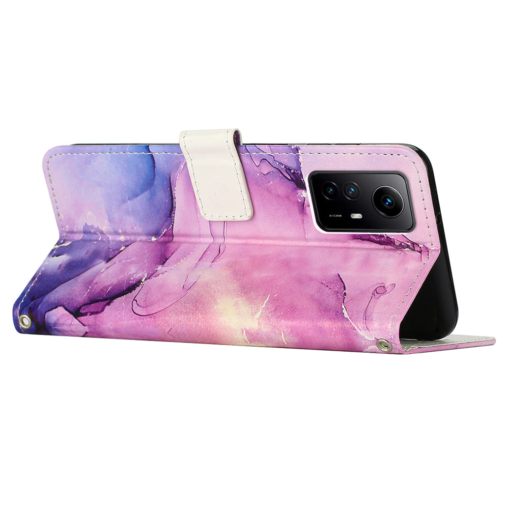 Wallet Phone Case for Xiaomi Redmi Note 12S 4G PU Leather Marble Pattern Flip Stand Cover with Shoulder Strap - Purple