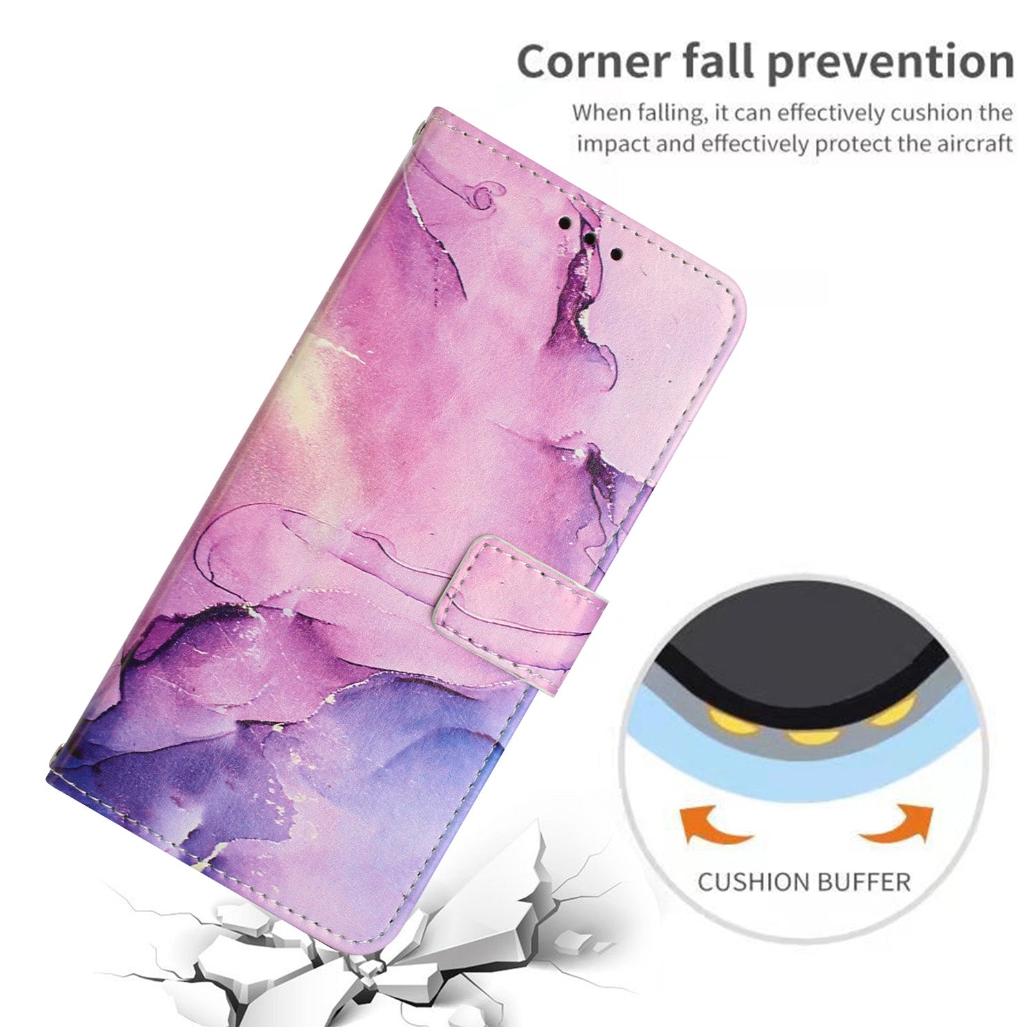 Wallet Phone Case for Xiaomi Redmi Note 12S 4G PU Leather Marble Pattern Flip Stand Cover with Shoulder Strap - Purple