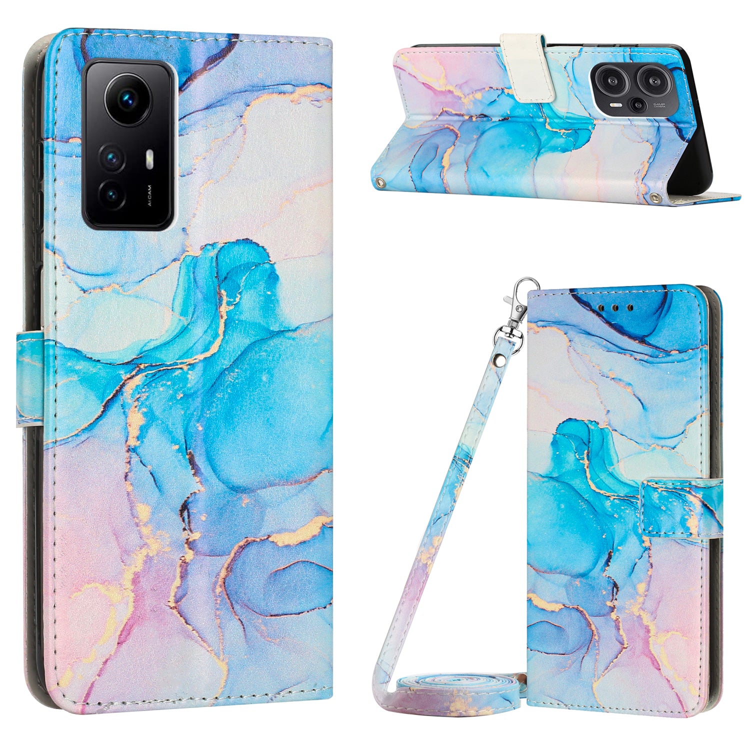 Wallet Phone Case for Xiaomi Redmi Note 12S 4G PU Leather Marble Pattern Flip Stand Cover with Shoulder Strap - Pink / Green