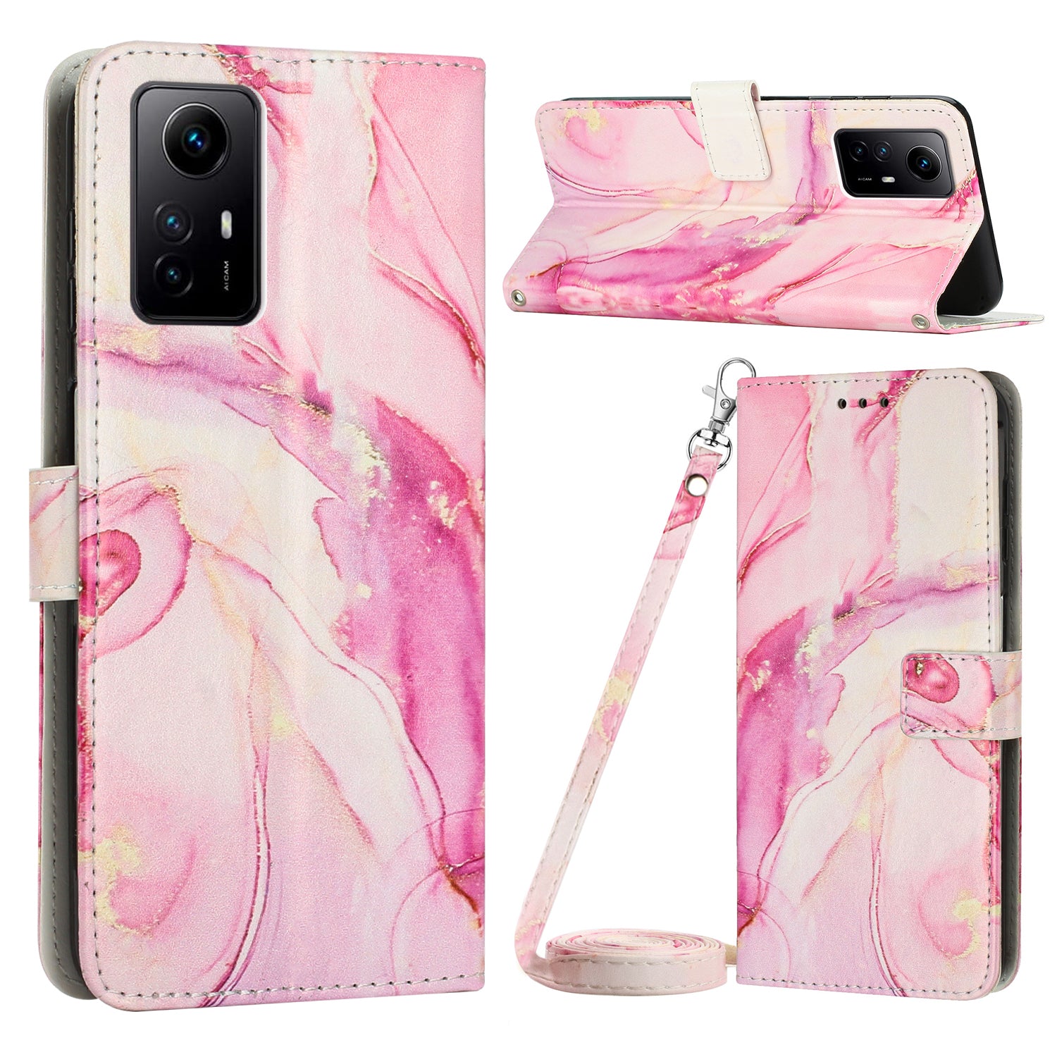 Wallet Phone Case for Xiaomi Redmi Note 12S 4G PU Leather Marble Pattern Flip Stand Cover with Shoulder Strap - Rose Gold