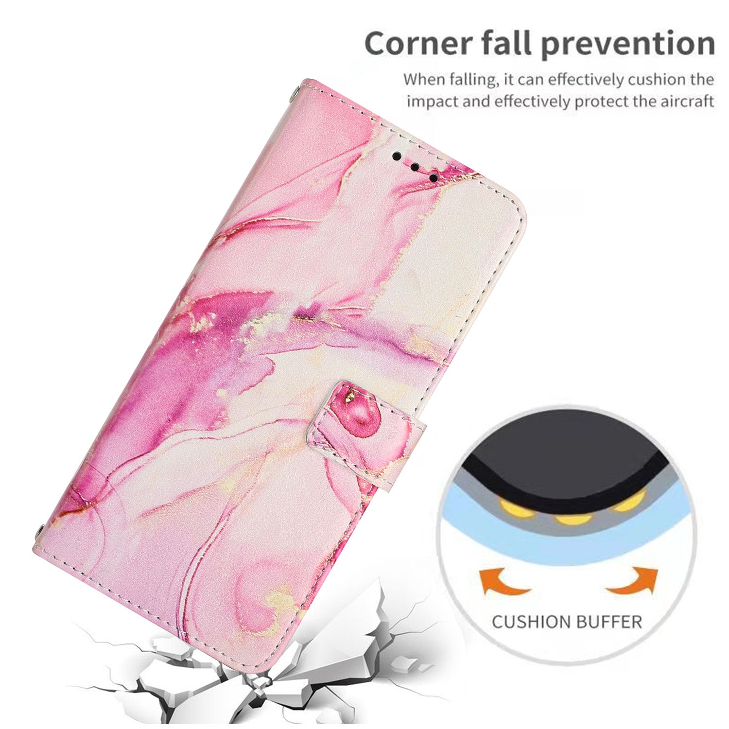 Wallet Phone Case for Xiaomi Redmi Note 12S 4G PU Leather Marble Pattern Flip Stand Cover with Shoulder Strap - Rose Gold