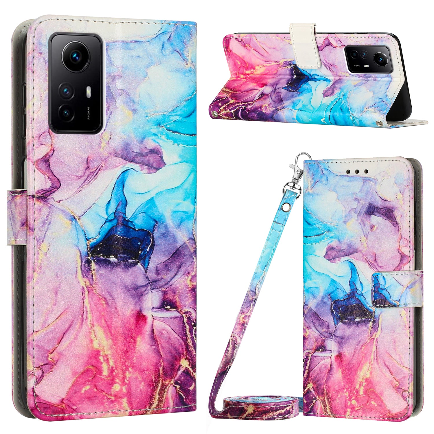 Wallet Phone Case for Xiaomi Redmi Note 12S 4G PU Leather Marble Pattern Flip Stand Cover with Shoulder Strap - Pink / Purple