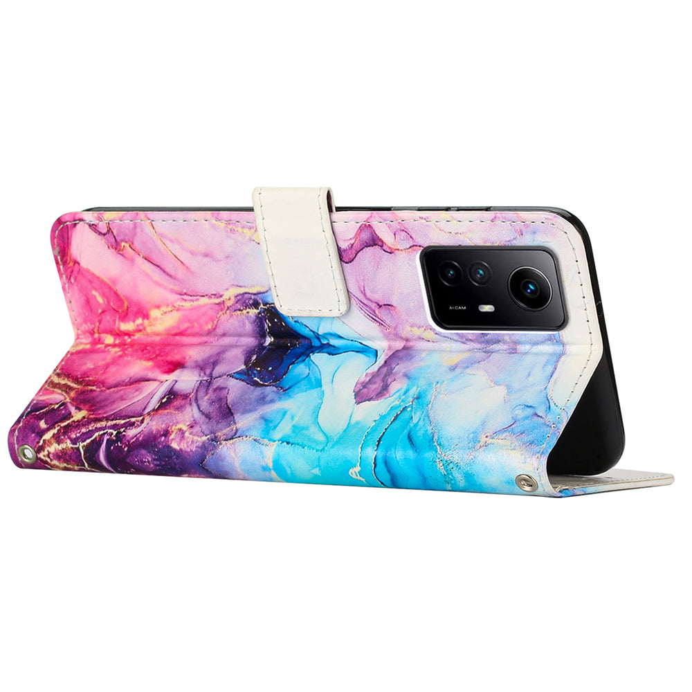 Wallet Phone Case for Xiaomi Redmi Note 12S 4G PU Leather Marble Pattern Flip Stand Cover with Shoulder Strap - Pink / Purple