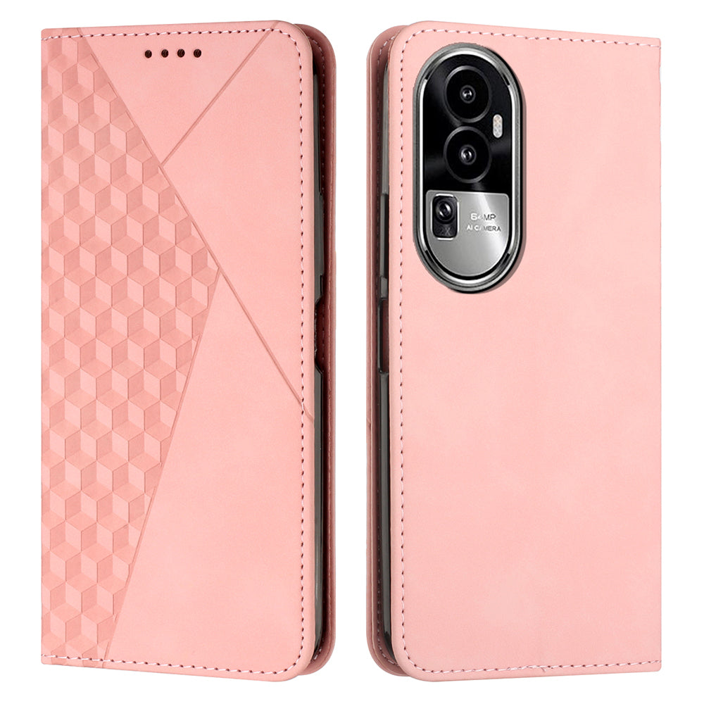 Uniqkart for Oppo Reno10 5G Scratch Proof Imprinted Rhombus Leather Case Phone Stand Wallet Cover - Rose Gold