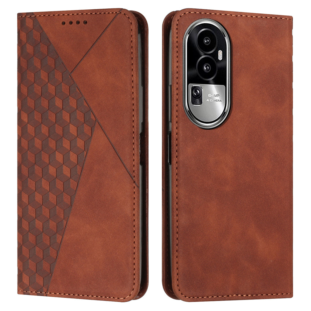 Uniqkart for Oppo Reno10 5G Scratch Proof Imprinted Rhombus Leather Case Phone Stand Wallet Cover - Brown