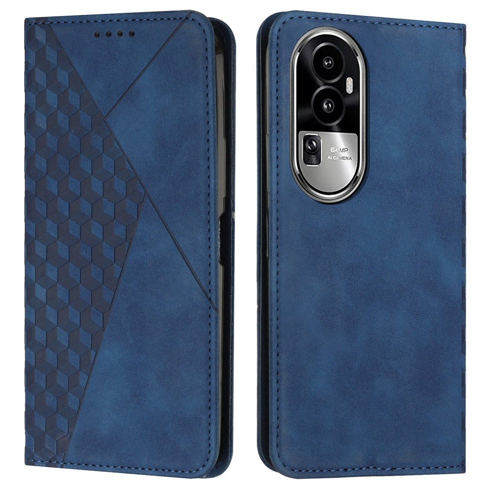 Uniqkart for Oppo Reno10 5G Scratch Proof Imprinted Rhombus Leather Case Phone Stand Wallet Cover - Sapphire
