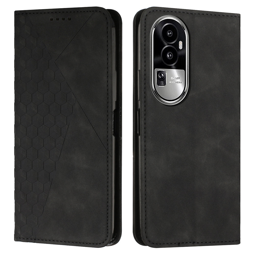 Uniqkart for Oppo Reno10 5G Scratch Proof Imprinted Rhombus Leather Case Phone Stand Wallet Cover - Black