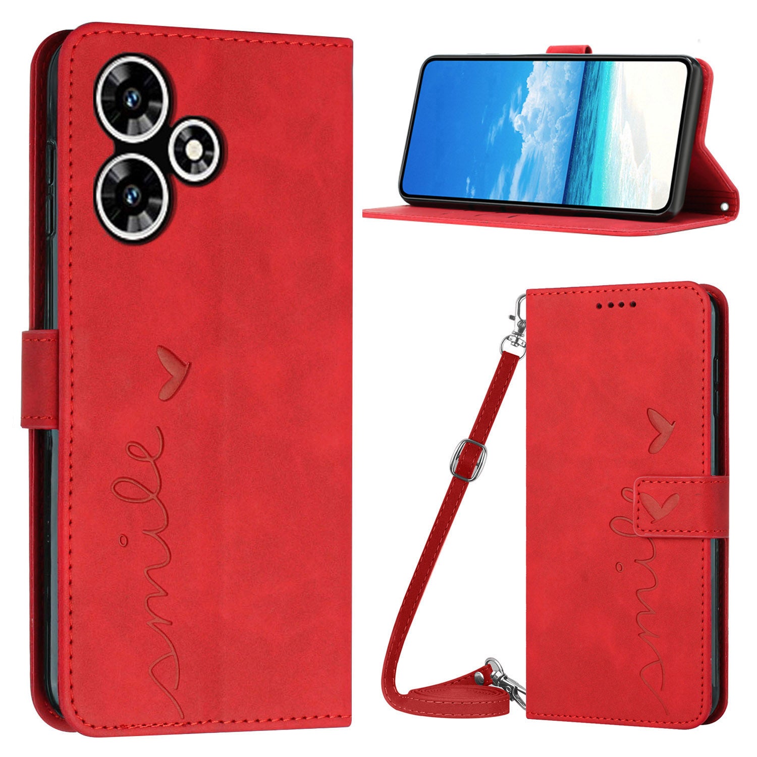 Wallet PU Leather Case for Infinix Hot 30 , Heart Shape Phone Stand Cover with Shoulder Strap - Red