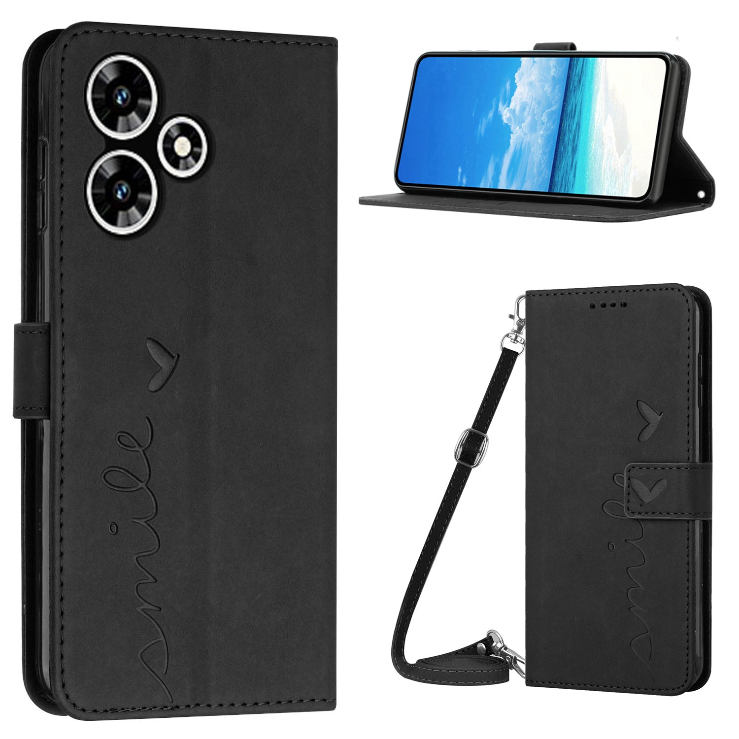 Wallet PU Leather Case for Infinix Hot 30 , Heart Shape Phone Stand Cover with Shoulder Strap - Black