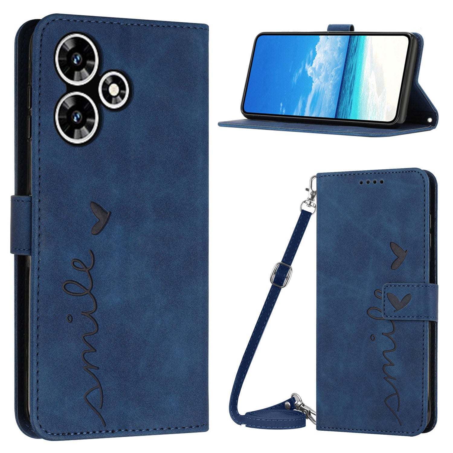 Wallet PU Leather Case for Infinix Hot 30 , Heart Shape Phone Stand Cover with Shoulder Strap - Sapphire