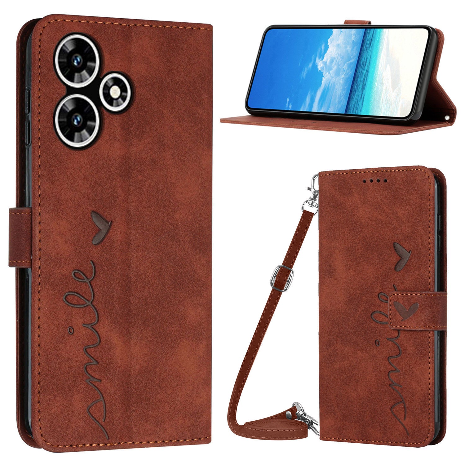 Wallet PU Leather Case for Infinix Hot 30 , Heart Shape Phone Stand Cover with Shoulder Strap - Brown