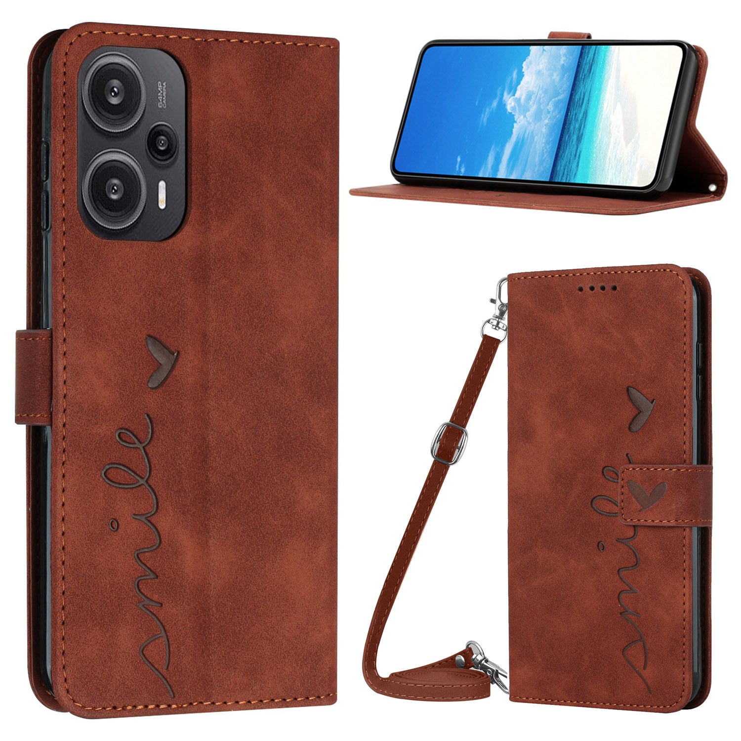 Wallet Case for Xiaomi Redmi Note 12 Turbo / Poco F5 5G , PU Leather Heart Shape Stand Phone Cover with Shoulder Strap - Brown