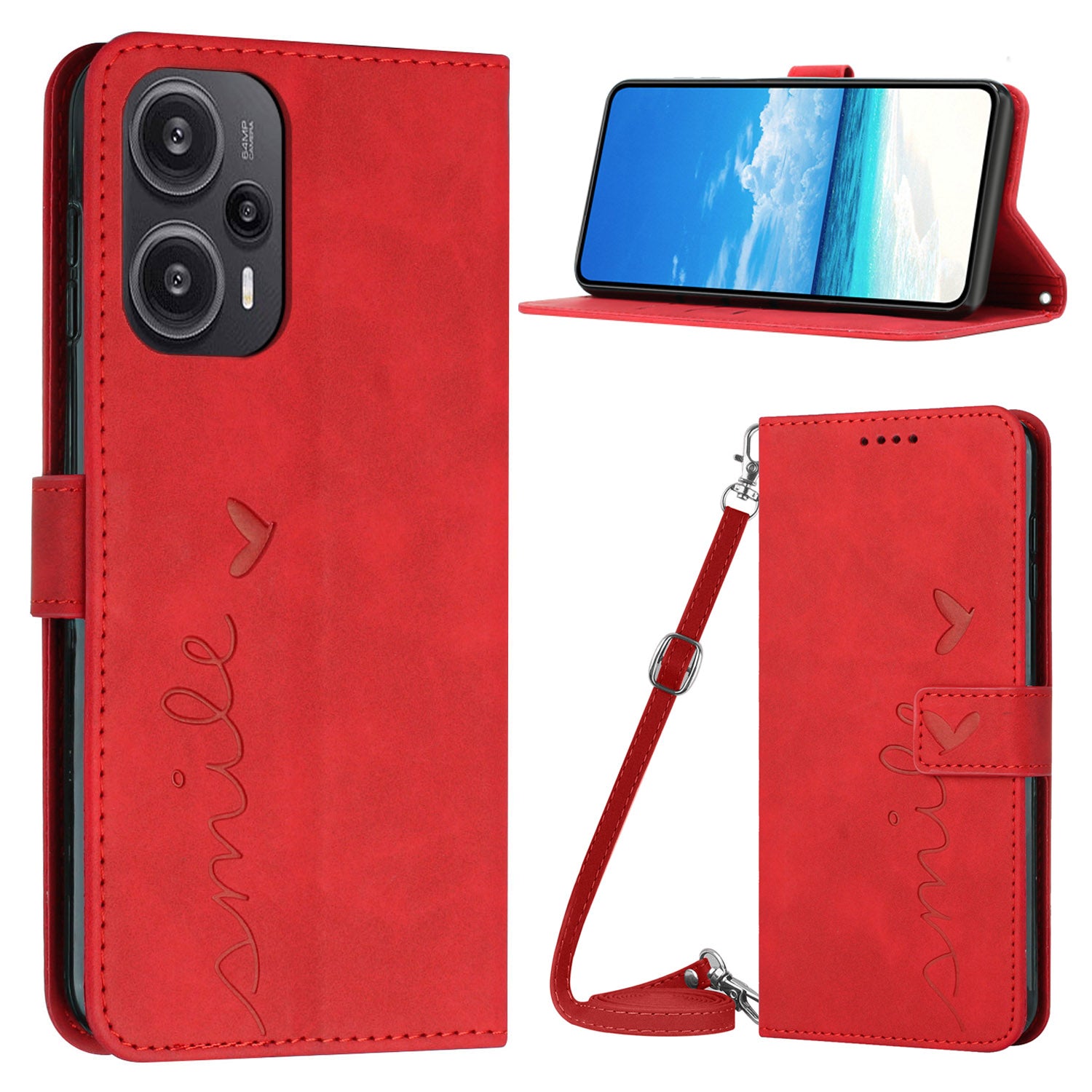 Wallet Case for Xiaomi Redmi Note 12 Turbo / Poco F5 5G , PU Leather Heart Shape Stand Phone Cover with Shoulder Strap - Red