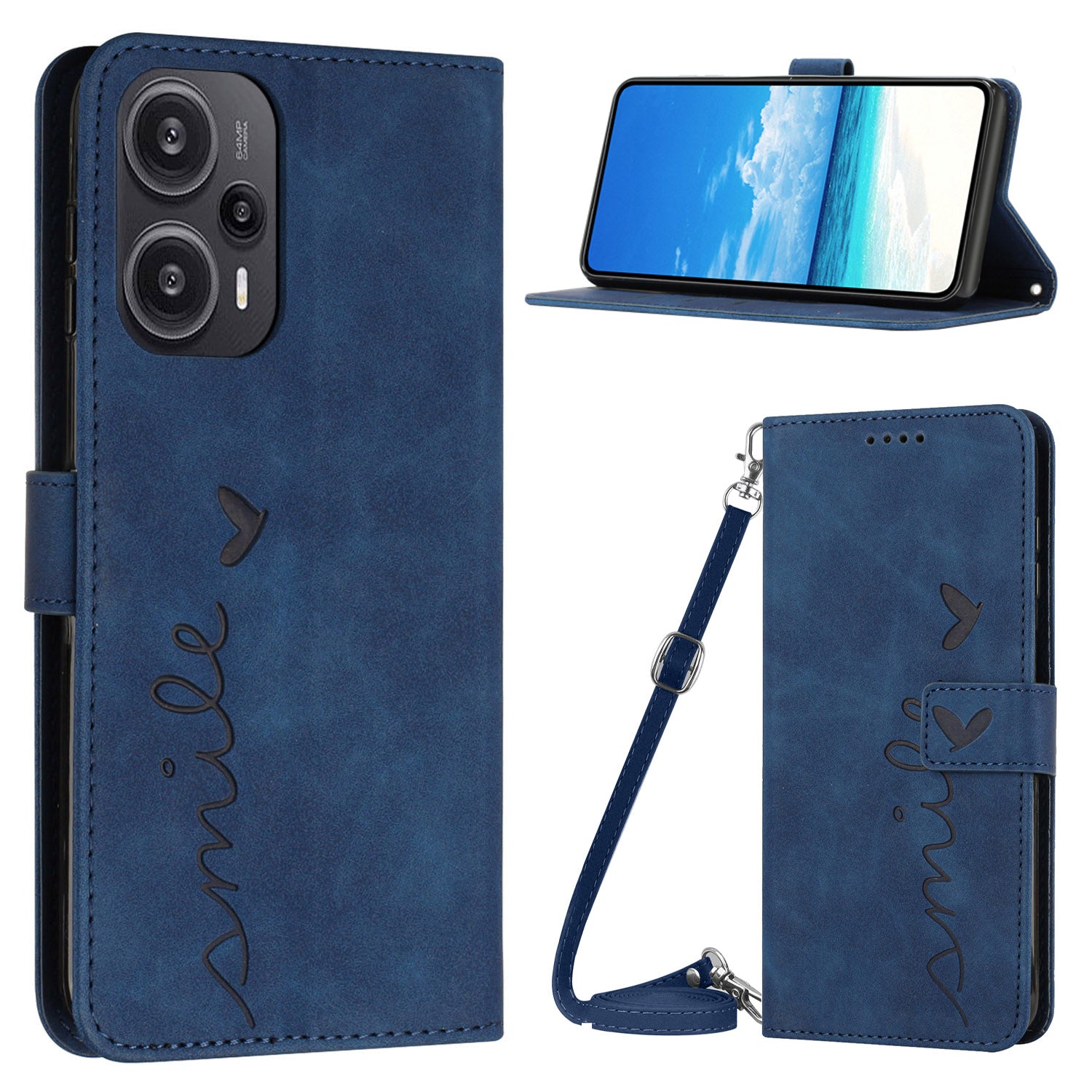 Wallet Case for Xiaomi Redmi Note 12 Turbo / Poco F5 5G , PU Leather Heart Shape Stand Phone Cover with Shoulder Strap - Sapphire