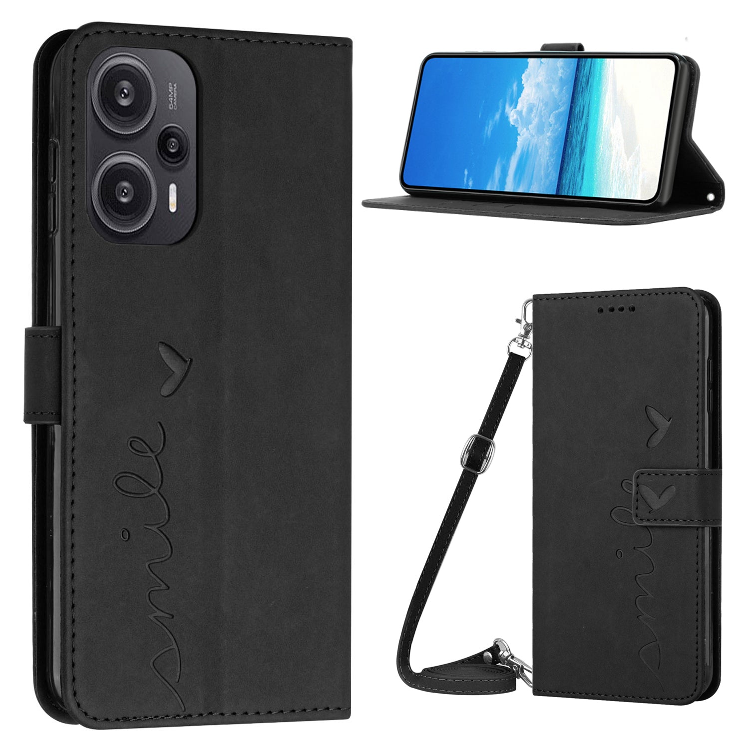 Wallet Case for Xiaomi Redmi Note 12 Turbo / Poco F5 5G , PU Leather Heart Shape Stand Phone Cover with Shoulder Strap - Black