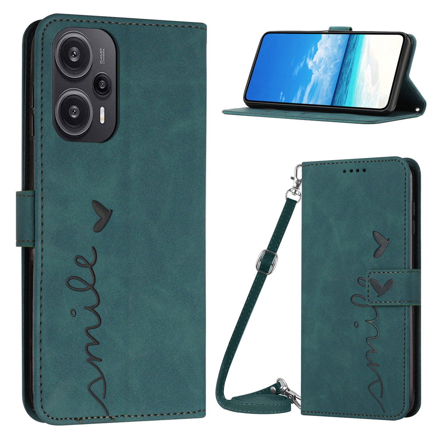 Wallet Case for Xiaomi Redmi Note 12 Turbo / Poco F5 5G , PU Leather Heart Shape Stand Phone Cover with Shoulder Strap - Green