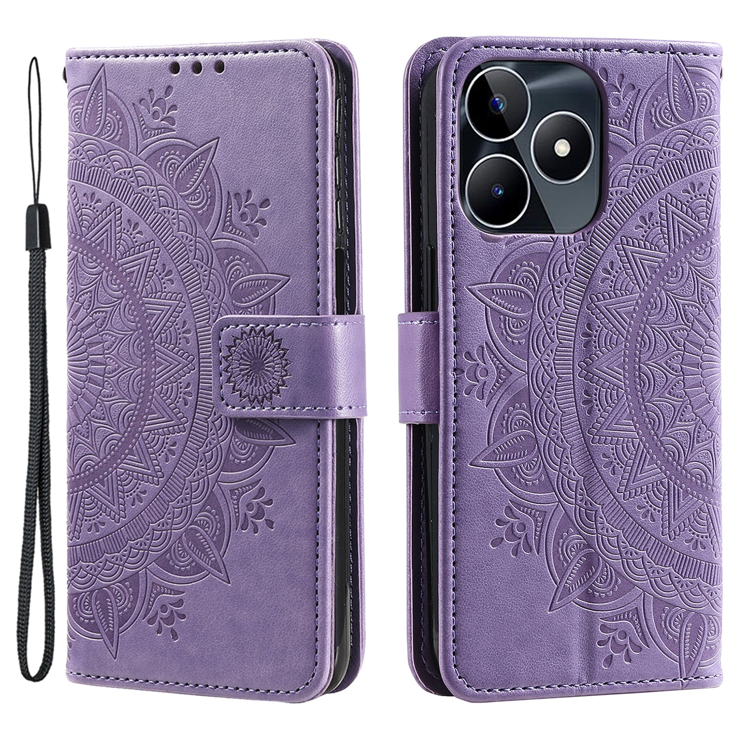 Wallet Shell for Realme Narzo N53 4G / C53 4G PU Leather Case Mandala Flower Imprint Stand Cover - Purple