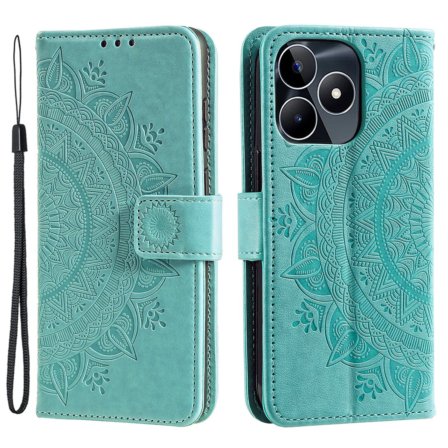 Wallet Shell for Realme Narzo N53 4G / C53 4G PU Leather Case Mandala Flower Imprint Stand Cover - Green