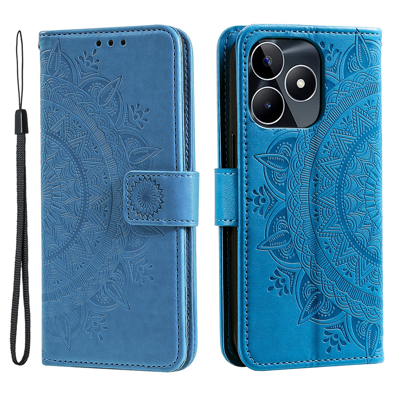 Wallet Shell for Realme Narzo N53 4G / C53 4G PU Leather Case Mandala Flower Imprint Stand Cover - Blue