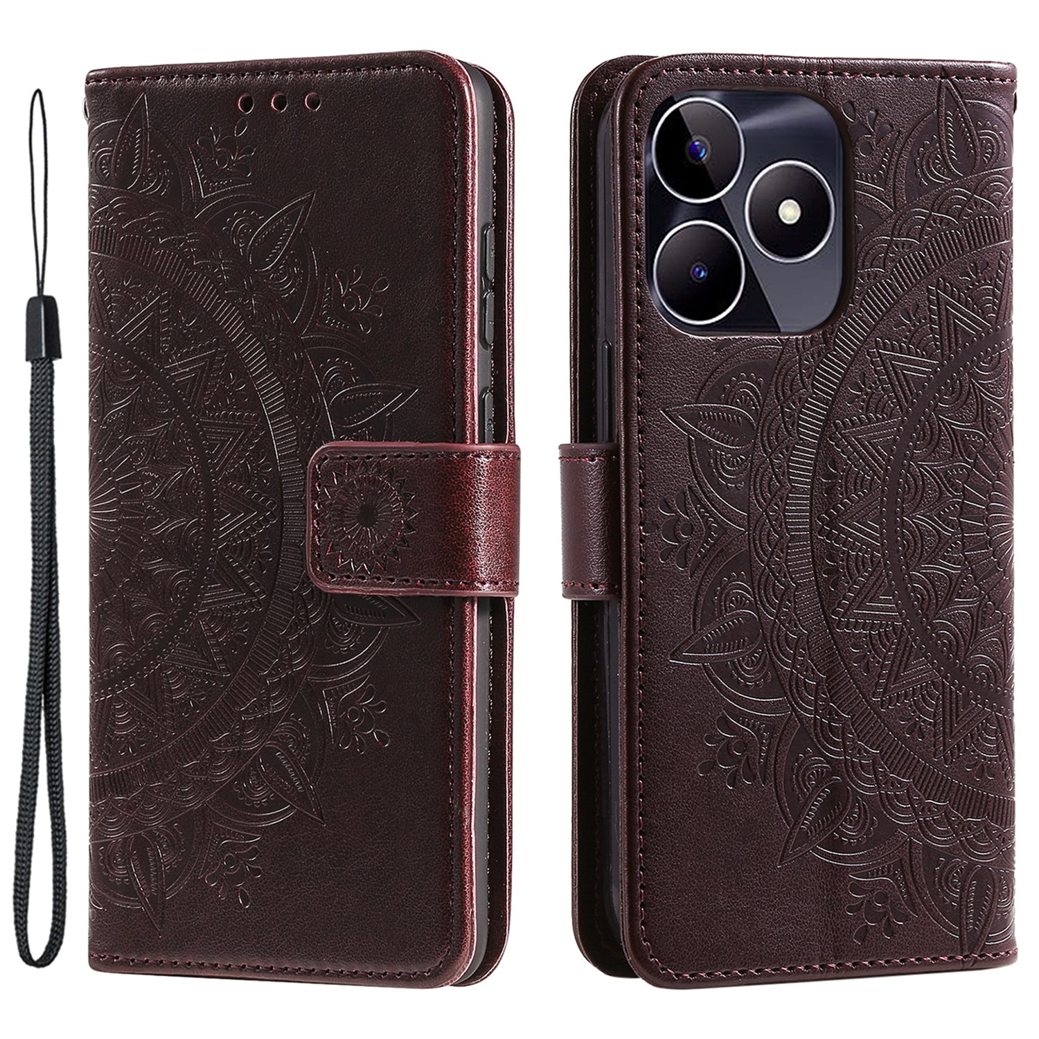 Wallet Shell for Realme Narzo N53 4G / C53 4G PU Leather Case Mandala Flower Imprint Stand Cover - Brown