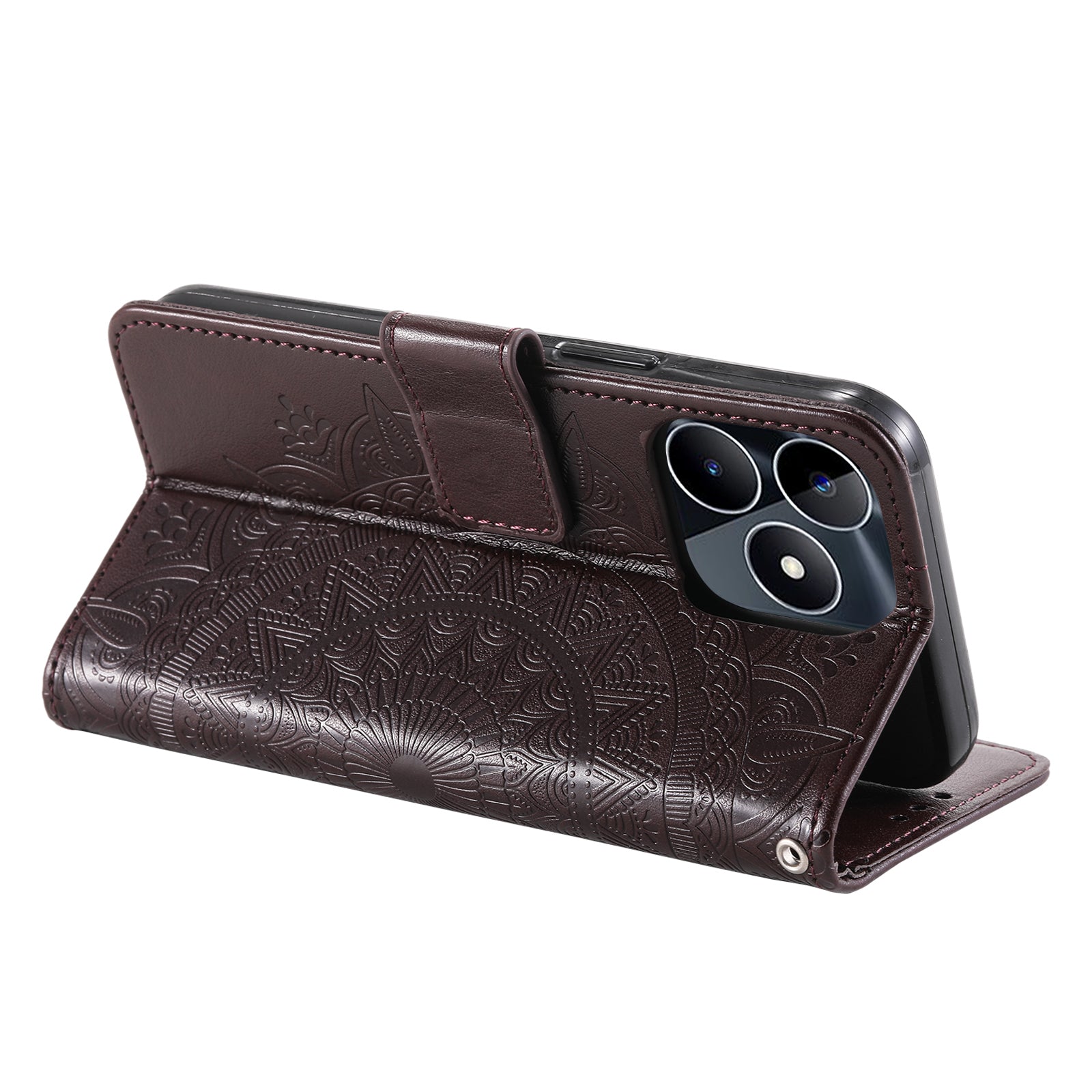 Wallet Shell for Realme Narzo N53 4G / C53 4G PU Leather Case Mandala Flower Imprint Stand Cover - Brown