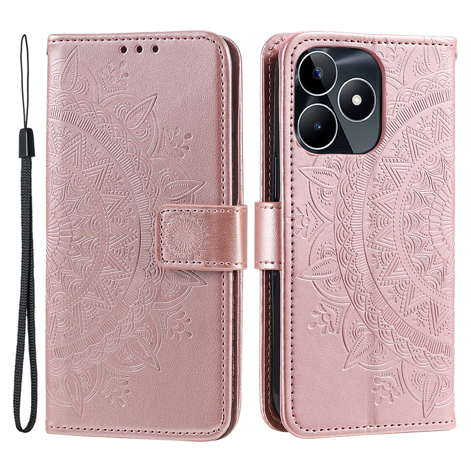 Wallet Shell for Realme Narzo N53 4G / C53 4G PU Leather Case Mandala Flower Imprint Stand Cover - Rose Gold