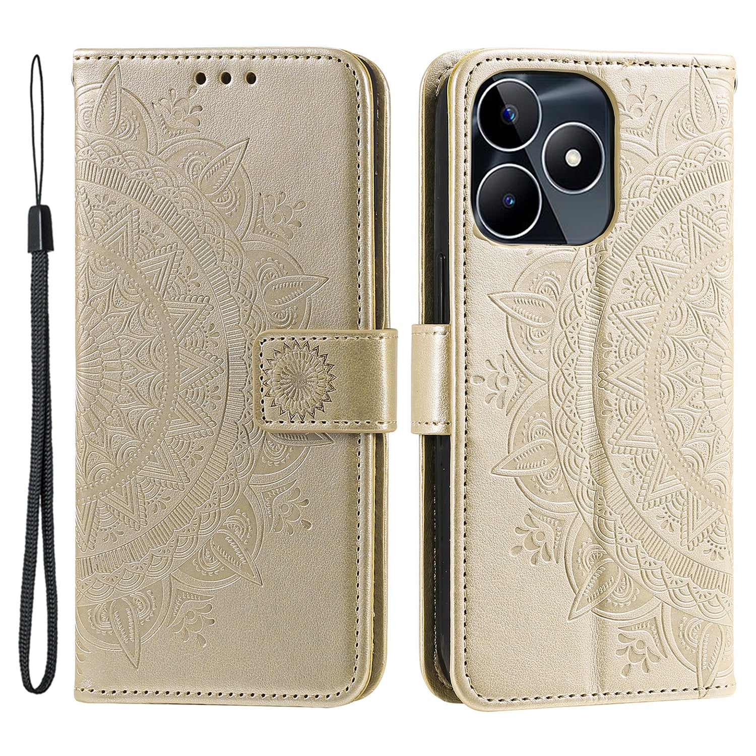 Wallet Shell for Realme Narzo N53 4G / C53 4G PU Leather Case Mandala Flower Imprint Stand Cover - Gold