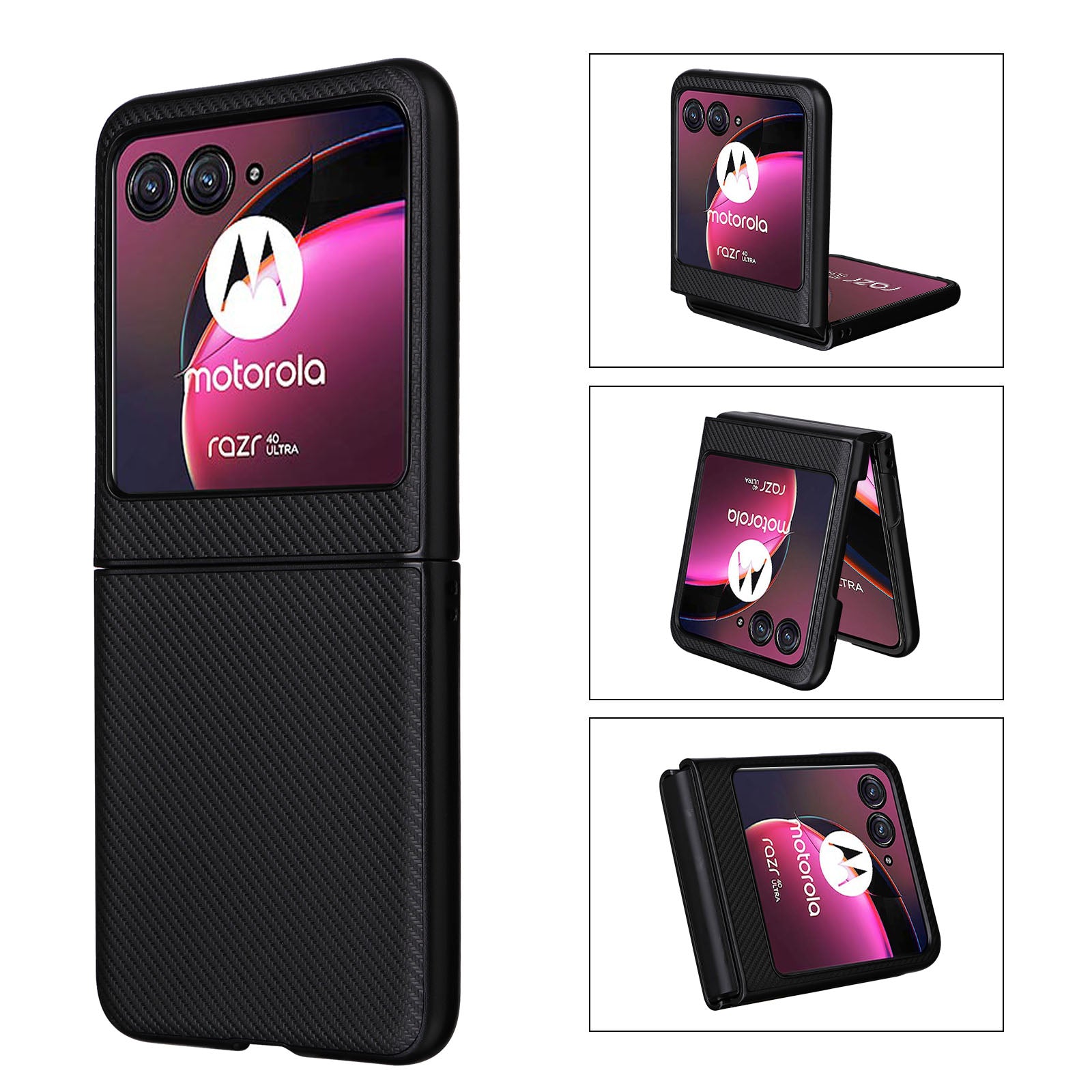 Uniqkart for Motorola Razr 40 Ultra 5G Carbon Fiber Texture Phone Case PU Leather Coated PC Cover - Black