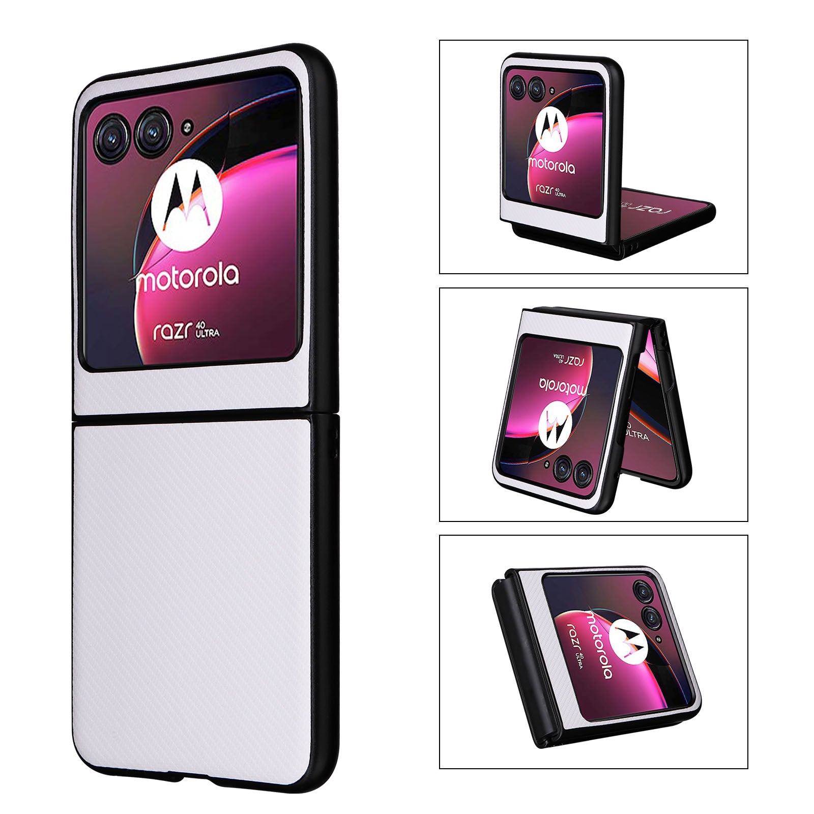 Uniqkart for Motorola Razr 40 Ultra 5G Carbon Fiber Texture Phone Case PU Leather Coated PC Cover - White