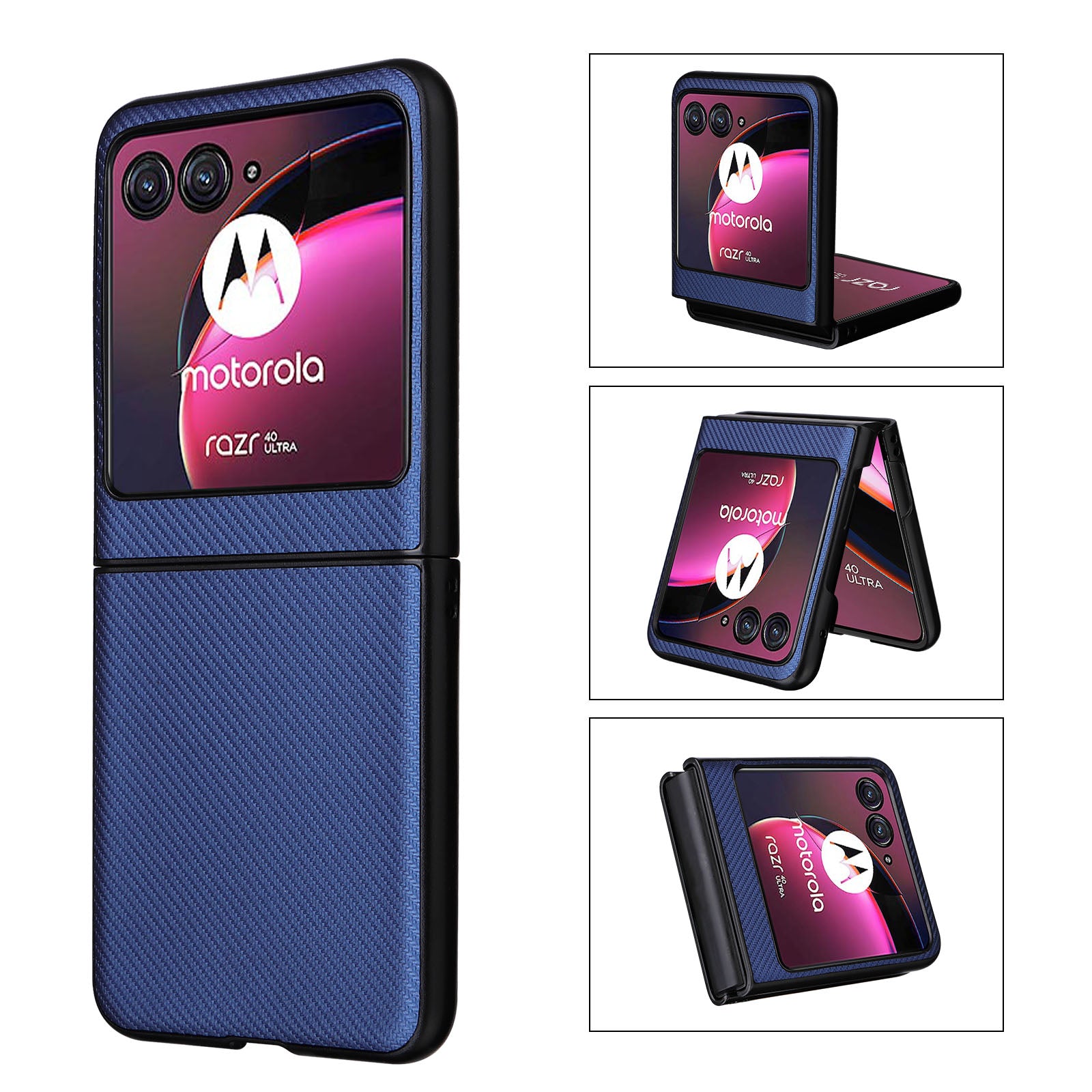 Uniqkart for Motorola Razr 40 Ultra 5G Carbon Fiber Texture Phone Case PU Leather Coated PC Cover - Blue