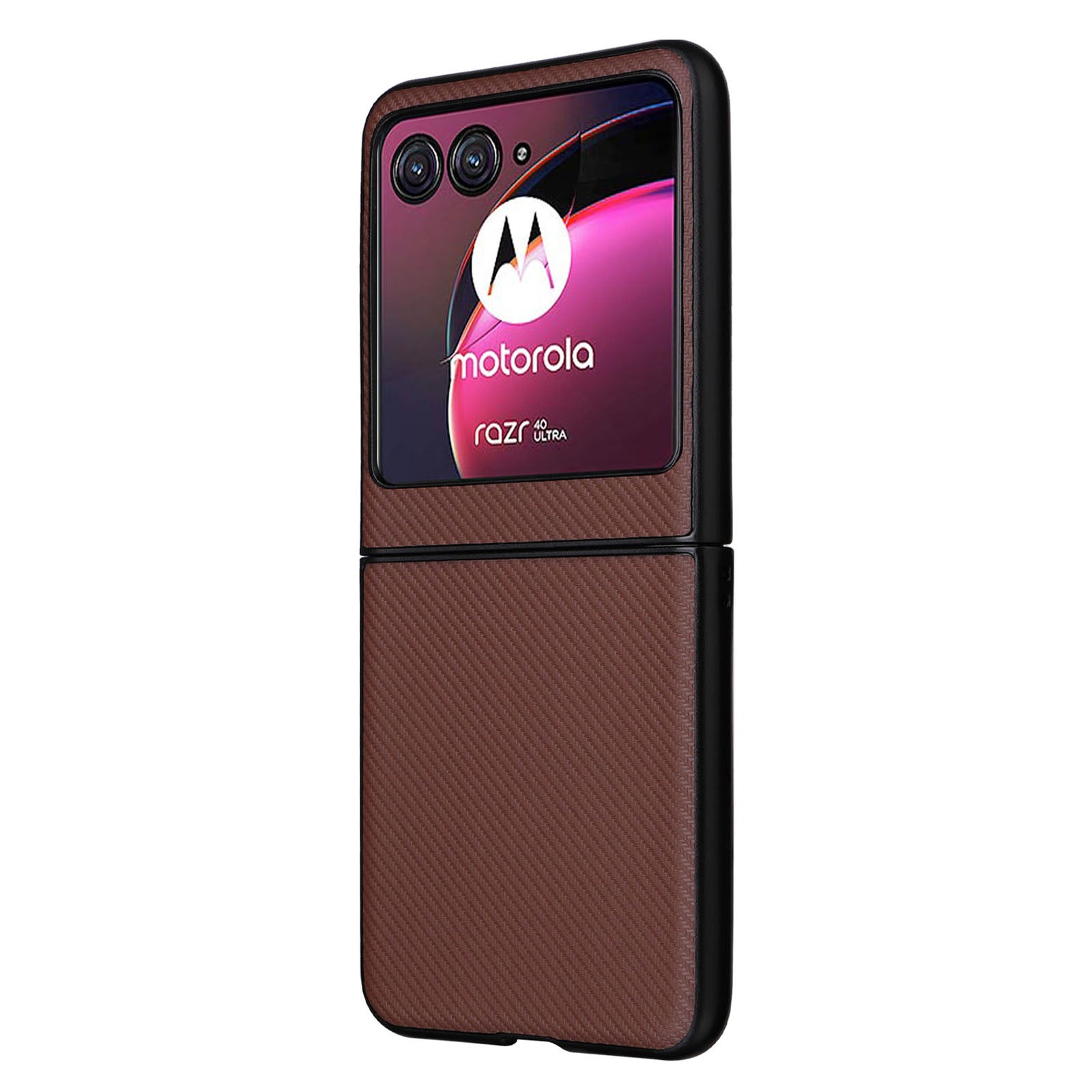 Uniqkart for Motorola Razr 40 Ultra 5G Carbon Fiber Texture Phone Case PU Leather Coated PC Cover - Brown