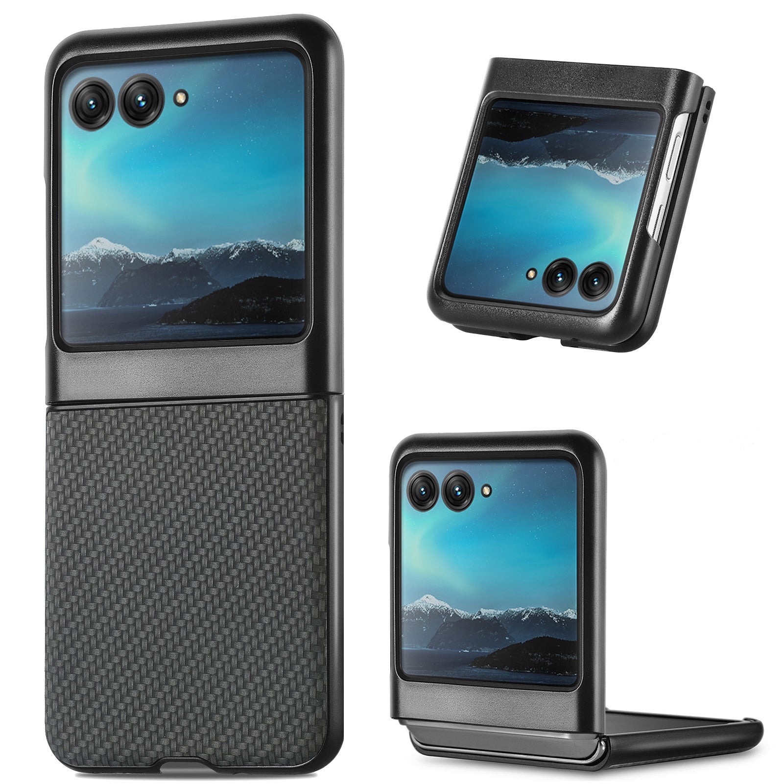 Uniqkart for Motorola Razr 40 Ultra 5G Carbon Fiber Texture Leather Coated PC Cover Anti-drop Phone Case - Black