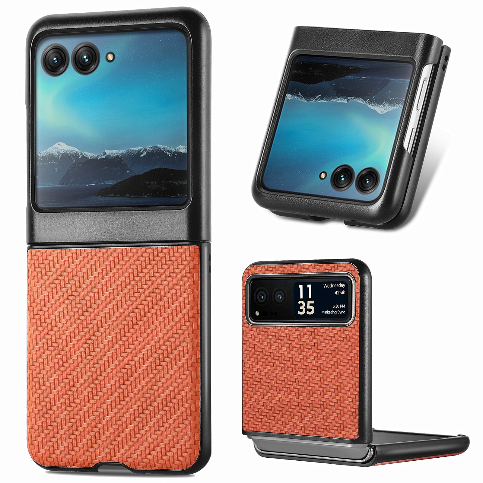 Uniqkart for Motorola Razr 40 Ultra 5G Carbon Fiber Texture Leather Coated PC Cover Anti-drop Phone Case - Brown
