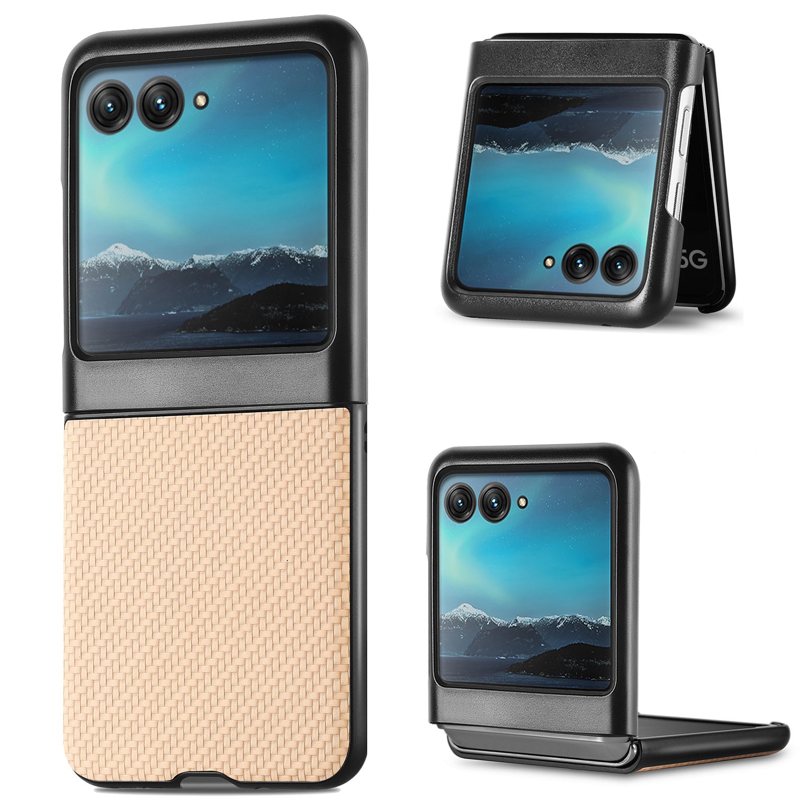 Uniqkart for Motorola Razr 40 Ultra 5G Carbon Fiber Texture Leather Coated PC Cover Anti-drop Phone Case - Khaki