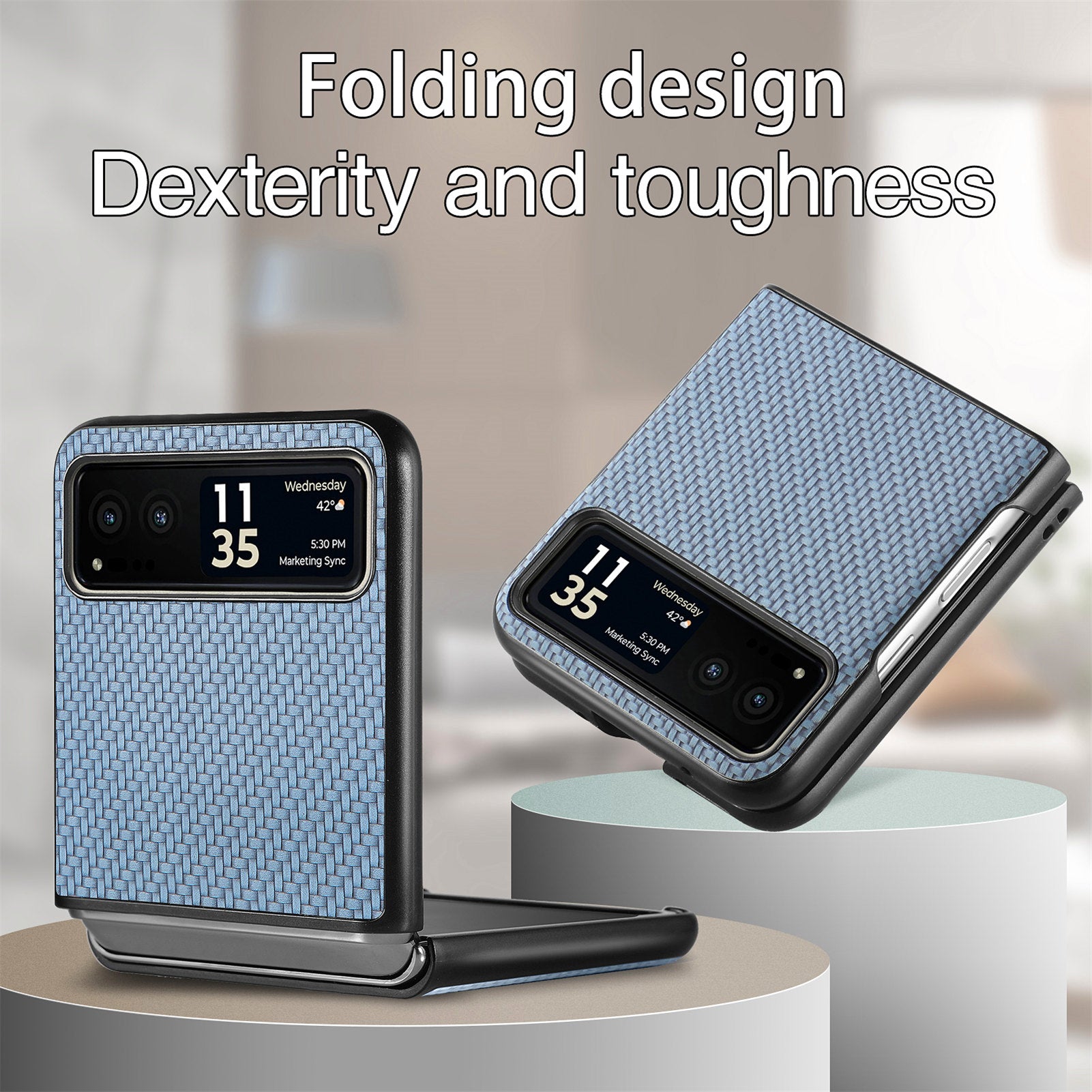 Uniqkart for Motorola Razr 40 5G Phone Case Carbon Fiber Texture PU Leather+PC Phone Cover - Blue