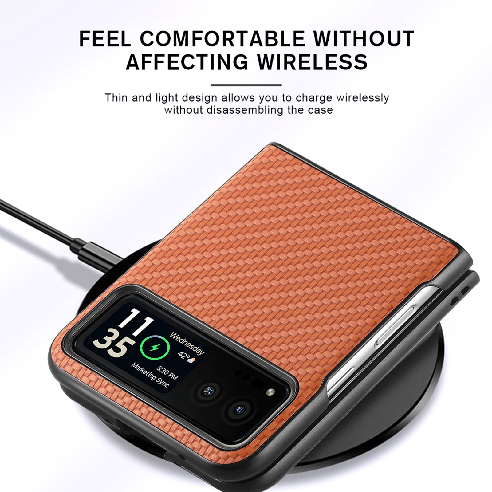 Uniqkart for Motorola Razr 40 5G Phone Case Carbon Fiber Texture PU Leather+PC Phone Cover - Brown