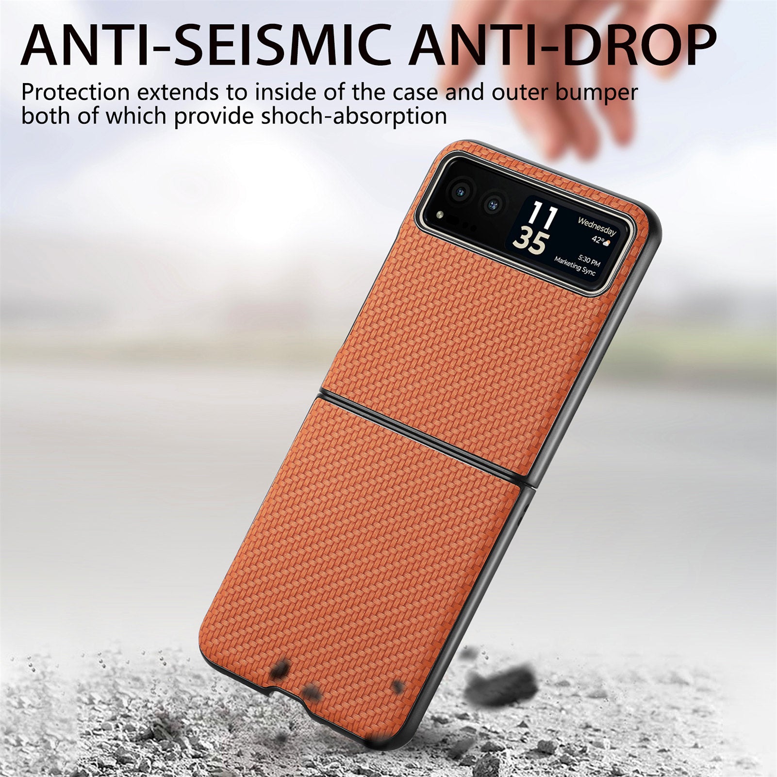 Uniqkart for Motorola Razr 40 5G Phone Case Carbon Fiber Texture PU Leather+PC Phone Cover - Brown